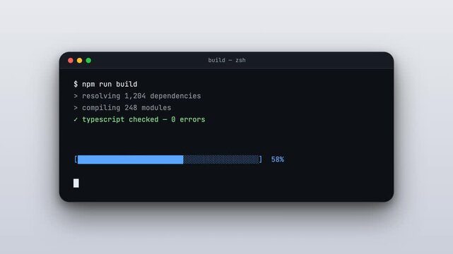 animated command line terminal showing software build progress bar with percentage indicator on gray background