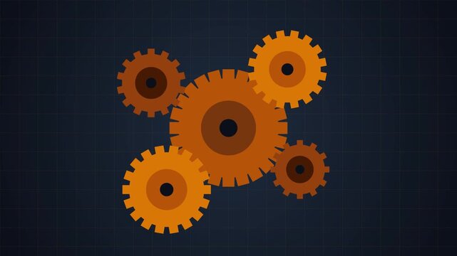 Interconnected orange gear cogs mechanism vector illustration on dark background representing system process and teamwork