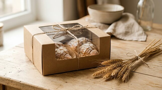 kraft paper bakery box with fresh croissants and wheat on wooden table