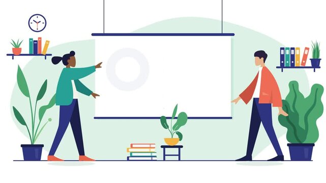 Business presentation animation of two flat colleagues showing donut chart and growing bar graph