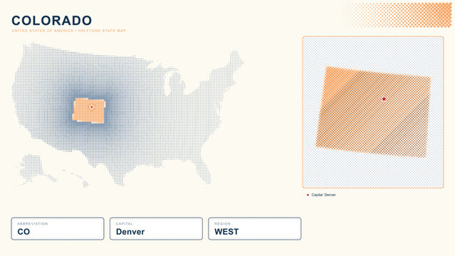 Colorado halftone state map with dotted USA locator inset zoomed state dot pattern capital Denver and info cards for education and infographic design