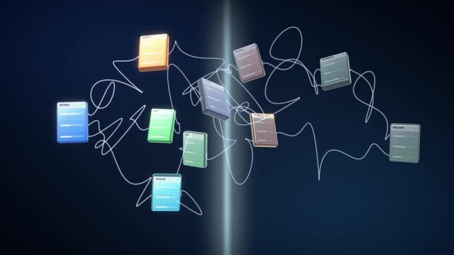 Workflow diagram untangles chaotic lines into organized process flowchart with cycle time reduction