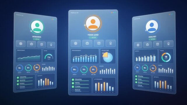 Employee performance dashboard UI with three glass profile cards filling with charts, goals and checklists