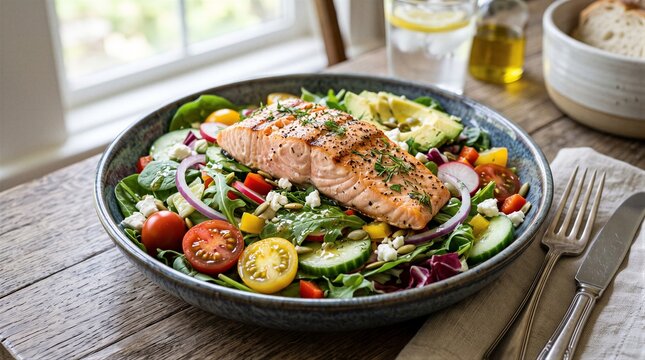 Grilled salmon atop mixed salad on wooden table near window