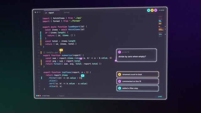 Real-time collaborative code editor with three users editing, commenting and syncing changes live