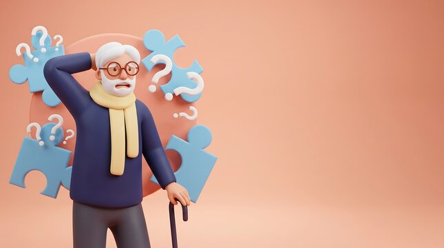 Elderly man with white hair and glasses looking confused while surrounded by puzzle pieces and question marks representing memory loss and cognitive decline