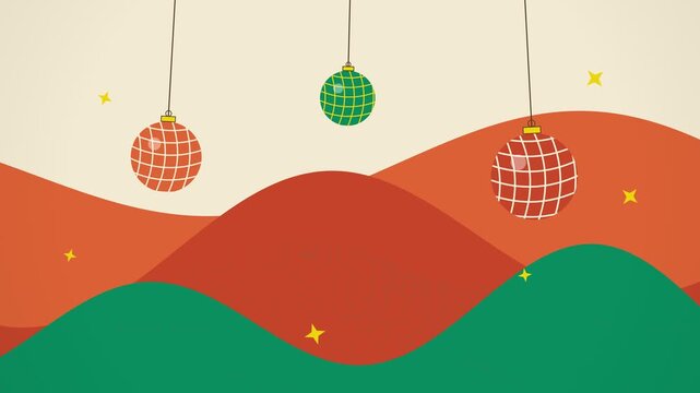 Retro 1970s Groovy Christmas Background with Funky Disco Baubles and Psychedelic Wavy Typography Vector Animation
