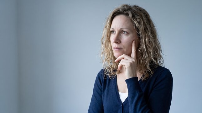 Pensive middle-aged woman with curly blonde hair looking away in thought against a plain background