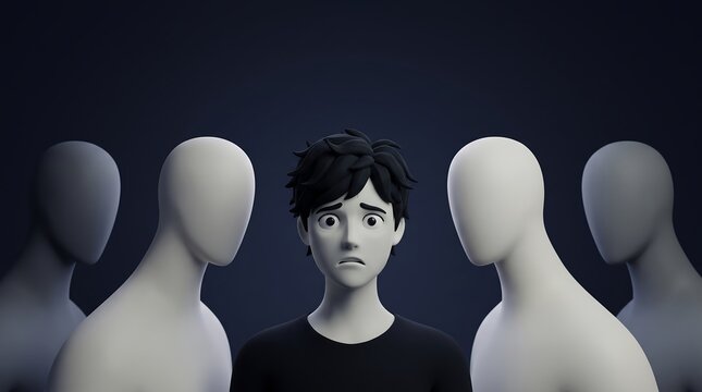 Confused young man with facial features surrounded by faceless humanoid figures representing social anxiety and face blindness