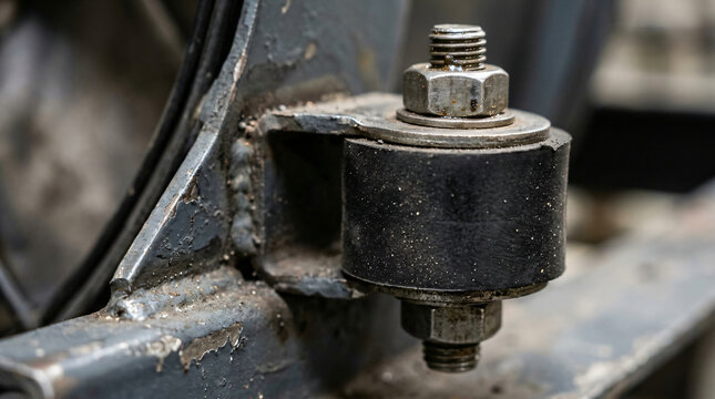 Close-up shot of a heavy-duty rubber vibration dampener mount bolted securely to industrial machinery metal framework with threaded steel bolts, washers, and hex nuts in a mechanical workshop setup.