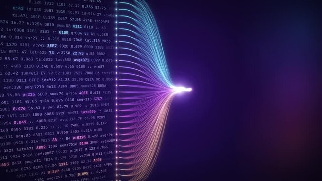 Data pipeline converges raw data streams into glowing lines that feed live analytics dashboard panels