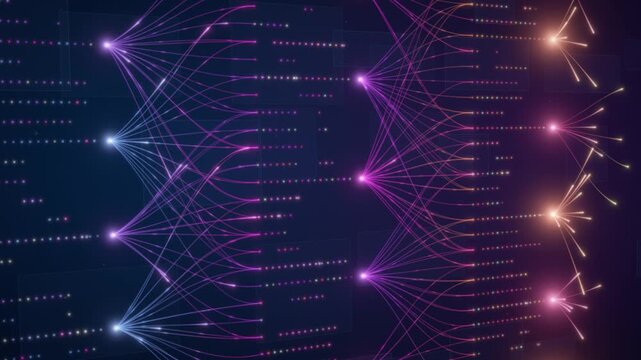 Deep neural network builds layer by layer as glowing signals propagate from teal input to gold output