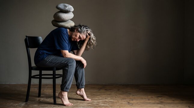 Woman sitting on a chair in a dark room with heavy stones balanced on her shoulders representing mental burden and emotional weight