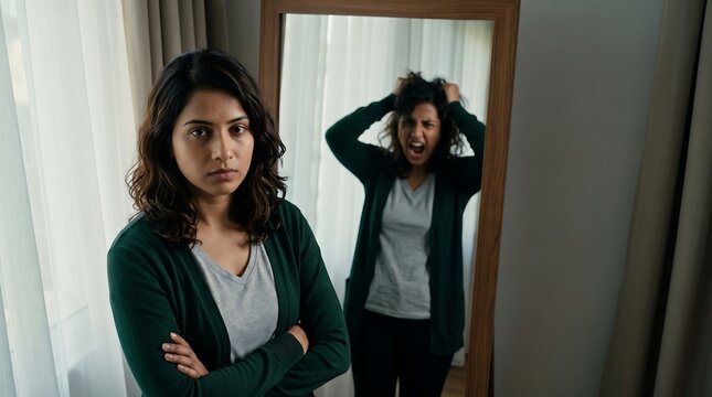 Young woman with neutral expression standing in front of a mirror that reflects a screaming and distressed version of herself