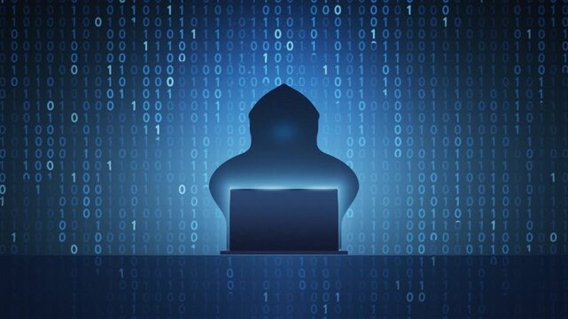Hacker Silhouette In Hoody Working On Laptop With Digital Binary wall Code Rain Background, Cybersecurity Threat Concept, Internet Data Privacy Breach, Cyber Attack Digital Technology Security