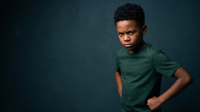 Portrait of a frowning young African American boy with a serious expression and hands on hips against a dark background
