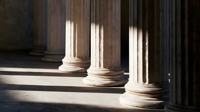Ancient stone columns with fluted design stand in a row  casting long shadows on textured ground under warm sunlight