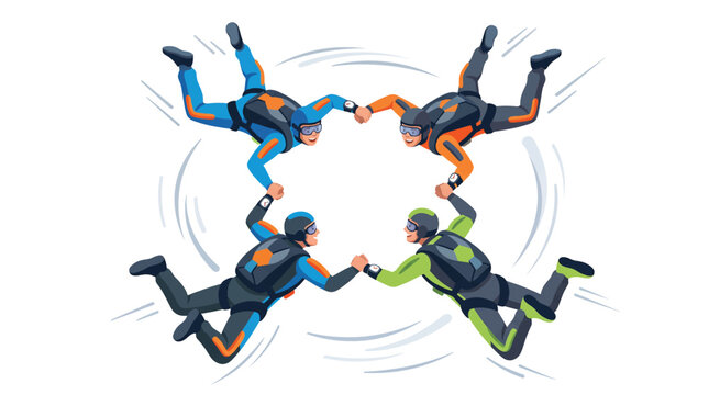 Four skydivers in colorful jumpsuits forming a circle and holding hands in mid-air, illustrating teamwork and extreme sport.