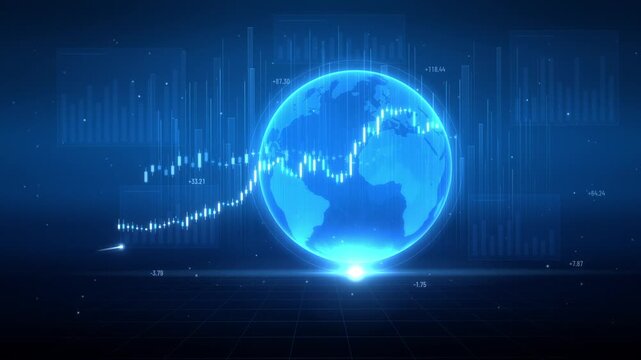 Holographic globe rises from a glowing point as a candlestick chart and line graph climb to a global gain