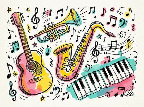 Musical Instruments Doodle Art Illustration with Vibrant Colors