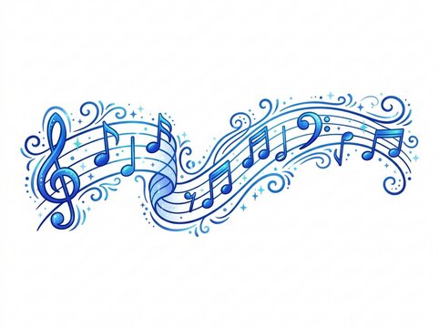 Blue Flowing Music Staff with Sparkling Notes and Decorative Swirls