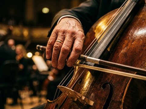 Musicians Hand Playing Classical Cello with Bow in Orchestra Setting