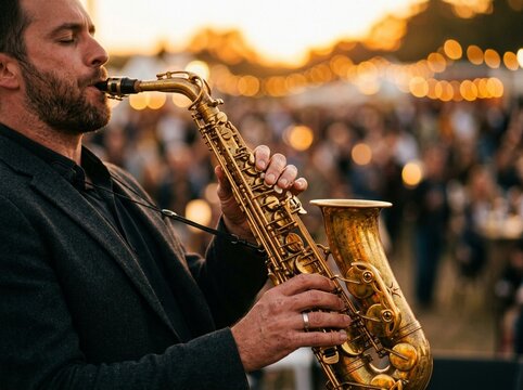 Man Playing Golden Saxophone Outdoors Under Warm String Lights at Dusk