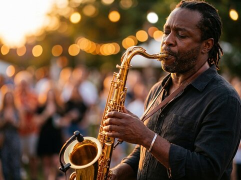 Saxophone Musician Performing Jazz Music Outdoors at Sunset with Bokeh Lights