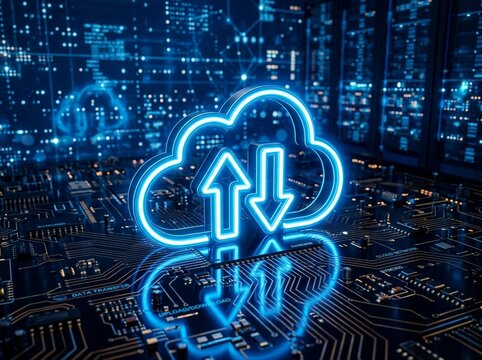 Cloud Computing Concept with Glowing Data Transfer on a Blue Circuit Board
