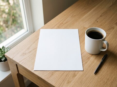 Blank Paper Mockup on Wooden Desk with Coffee and Pen by Window Light