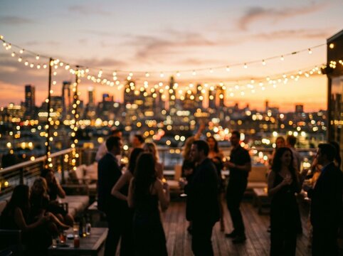 Friends Enjoying an Elegant Rooftop Party Overlooking a City at Sunset