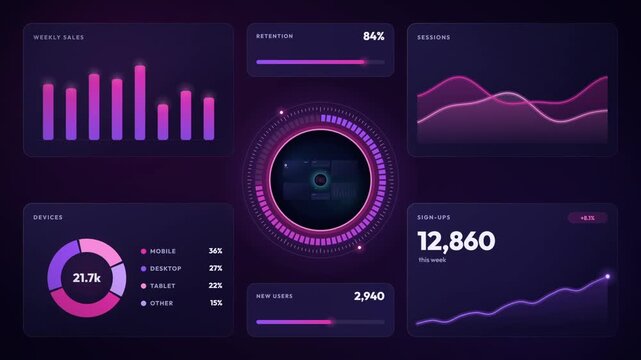 Infinite zoom through nested analytics dashboards cycling orange, purple and teal, seamless loop