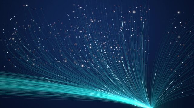 Fiber optic cable strands burst from a glowing point and fan out with light pulses on dark blue background
