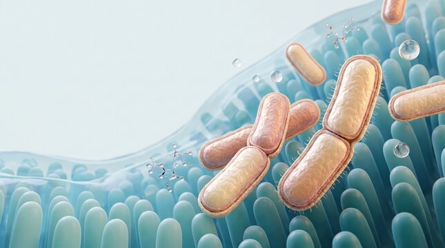 Lactobacillus acidophilus probiotic bacteria on intestinal mucosa, 3D scientific rendering of beneficial Gram-positive bacilli on human enterocyte microvilli brush border in healthy gut microbiome