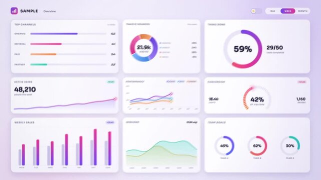 Light mode analytics dashboard switches to dark mode with a circular wipe as panels enlarge one by one