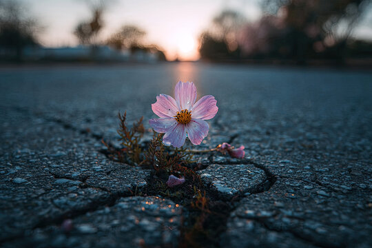 A flower is pushing its way through the asphalt.