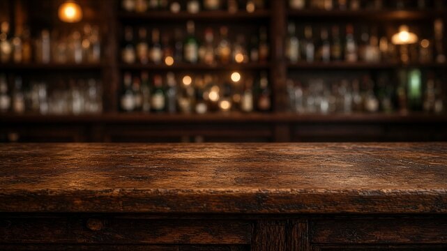Wooden bar counter foreground with blurred bottles background