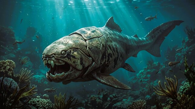 Prehistoric Dunkleosteus armored fish swimming underwater in ancient Devonian ocean, dangerous predator concept