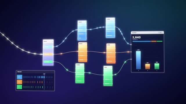 Glass workflow nodes route a glowing data pipeline into three lanes feeding a live output chart, seamless loop