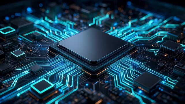Macro of CPU chip on motherboard with glowing cyan data pulses along circuit traces