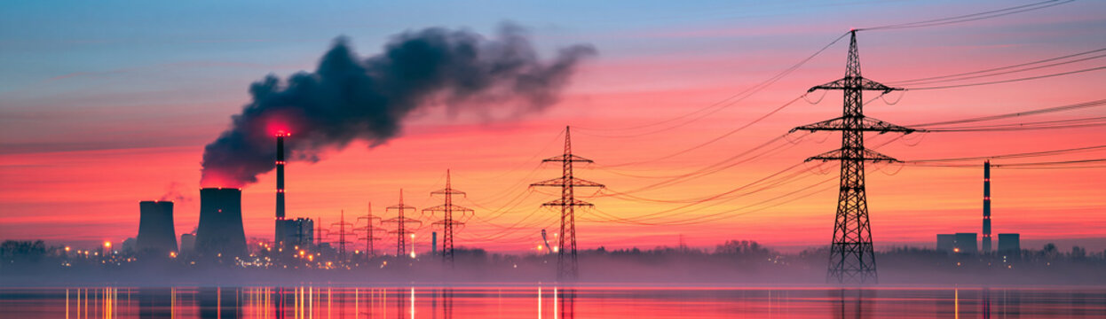 Industrial power plant emitting smoke with high voltage transmission towers at sunset reflecting on water.