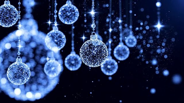 Glowing blue glitter Christmas baubles hanging on sparkling beaded strands and gently swaying, with star sparkles, bokeh and copy space on a dark navy background. Festive winter holiday animation.