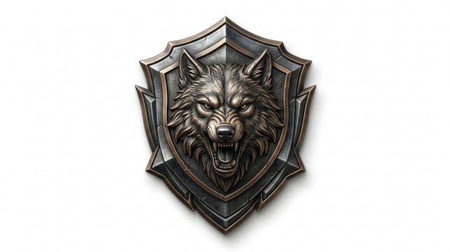 3D Wolf Head Metallic Shield Emblem for Fantasy Gaming Isolated