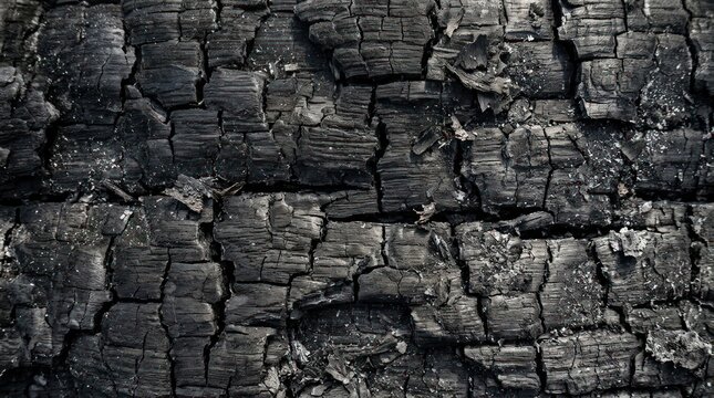 Close-up of cracked, charred wood texture with intricate, dark patterns and splintered surfaces