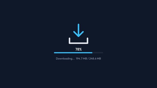 Download progress animation with arrow icon and percentage bar, download complete checkmark on dark background