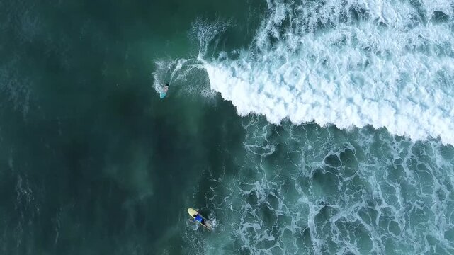 High angle top-down drone perspective of surfers spread out in ocean lineup taking off on breaking waves. Ideal background for water sports, surfing promo, and reels.Lombok.Indonesia