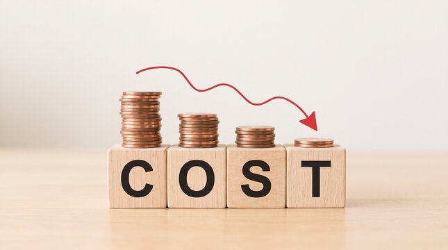 Wooden COST blocks on coin stacks with downward red arrow