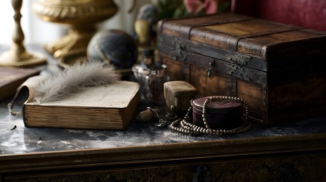 An antique wooden chest and open book with quill pen rest on a marble surface  surrounded by vintage objects