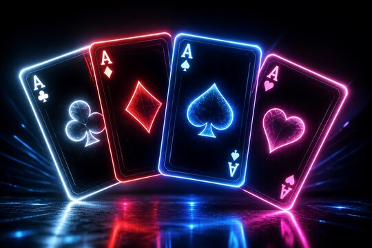 Four aces playing cards glowing on reflective surface