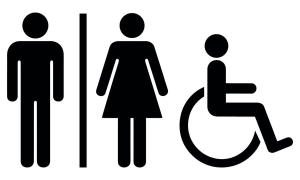 Male, female, and disabled person icons on a white background, representing restroom facilities.